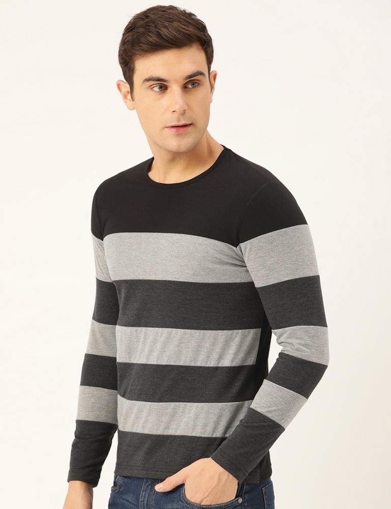 Men Round Neck Striped Black T-shirt - Cotton, Sizes S-xxl, Color: Black With Light Grey Stripes, Long Sleeves | Designed For Comfort And Style