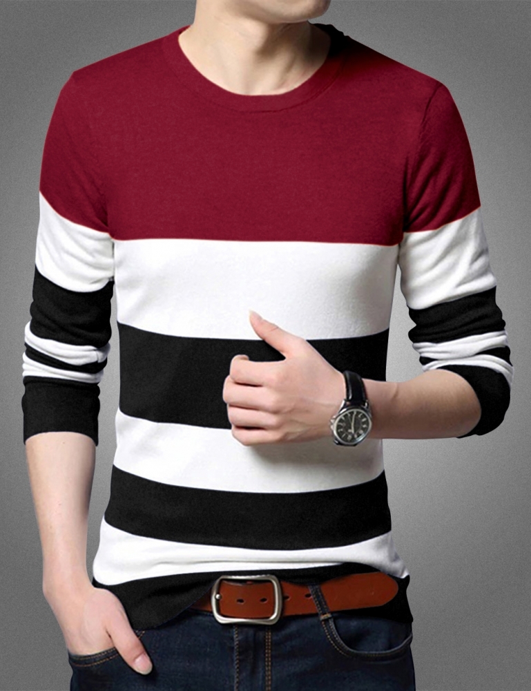 Men Round Neck Striped Red T-shirt - Cotton, Sizes S-xxl, Color Red, Long Sleeve | Eyebogler Regular Fit T-shirt Designed For Style And Comfort