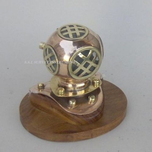 European 4 Inch Copper And Brass Diver Helmet With Wooden Base Collectible Table Decor Gift