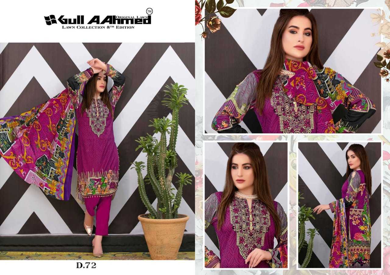 Gull Ahmed Vol 8 Luxury Lawn Cotton Printed Dress Material Catalog - Pure Lawn Fabric (Top 2.50m, Bottom 2.00m), Pure Cotton Mal Mal Dupatta (2.25m) , Multi Color, Full Sleeves, Washable