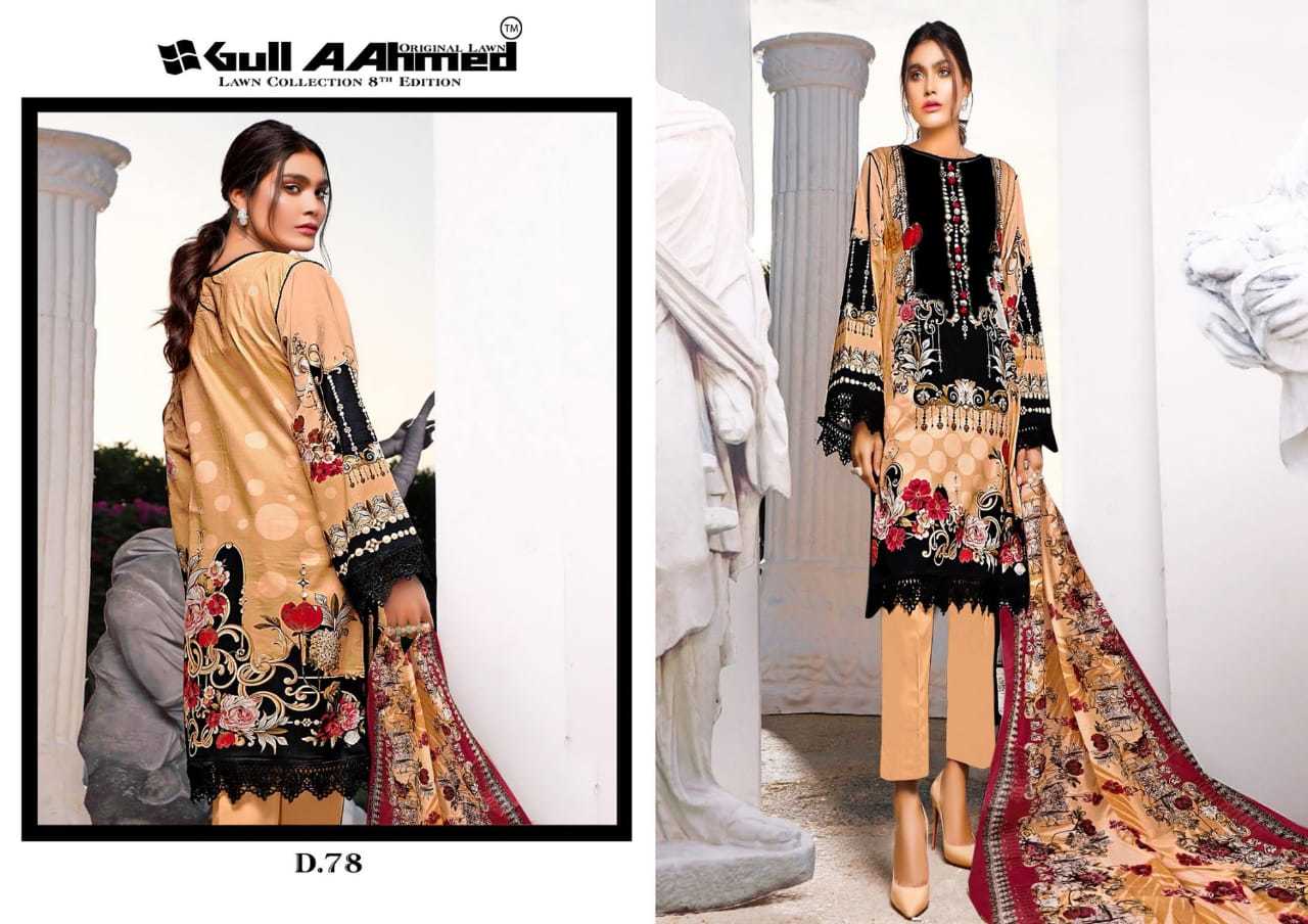 Gull Ahmed Vol 8 Luxury Lawn Cotton Printed Dress Material Catalog - Pure Lawn Fabric (Top 2.50m, Bottom 2.00m), Pure Cotton Mal Mal Dupatta (2.25m) , Multi Color, Full Sleeves, Washable