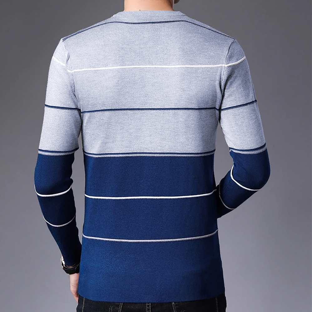 Men Round Neck Striped Navy Blue T-shirt - Cotton Size L/m/s/xl/xxl Color Navy Blue/light Grey/white Long Sleeves | Slim Fit Style For Modern Fashion