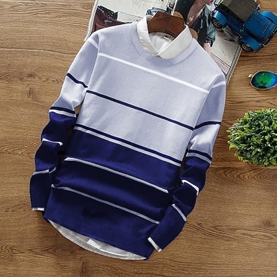 Men Round Neck Striped Navy Blue T-shirt - Cotton Size L/m/s/xl/xxl Color Navy Blue/light Grey/white Long Sleeves | Slim Fit Style For Modern Fashion