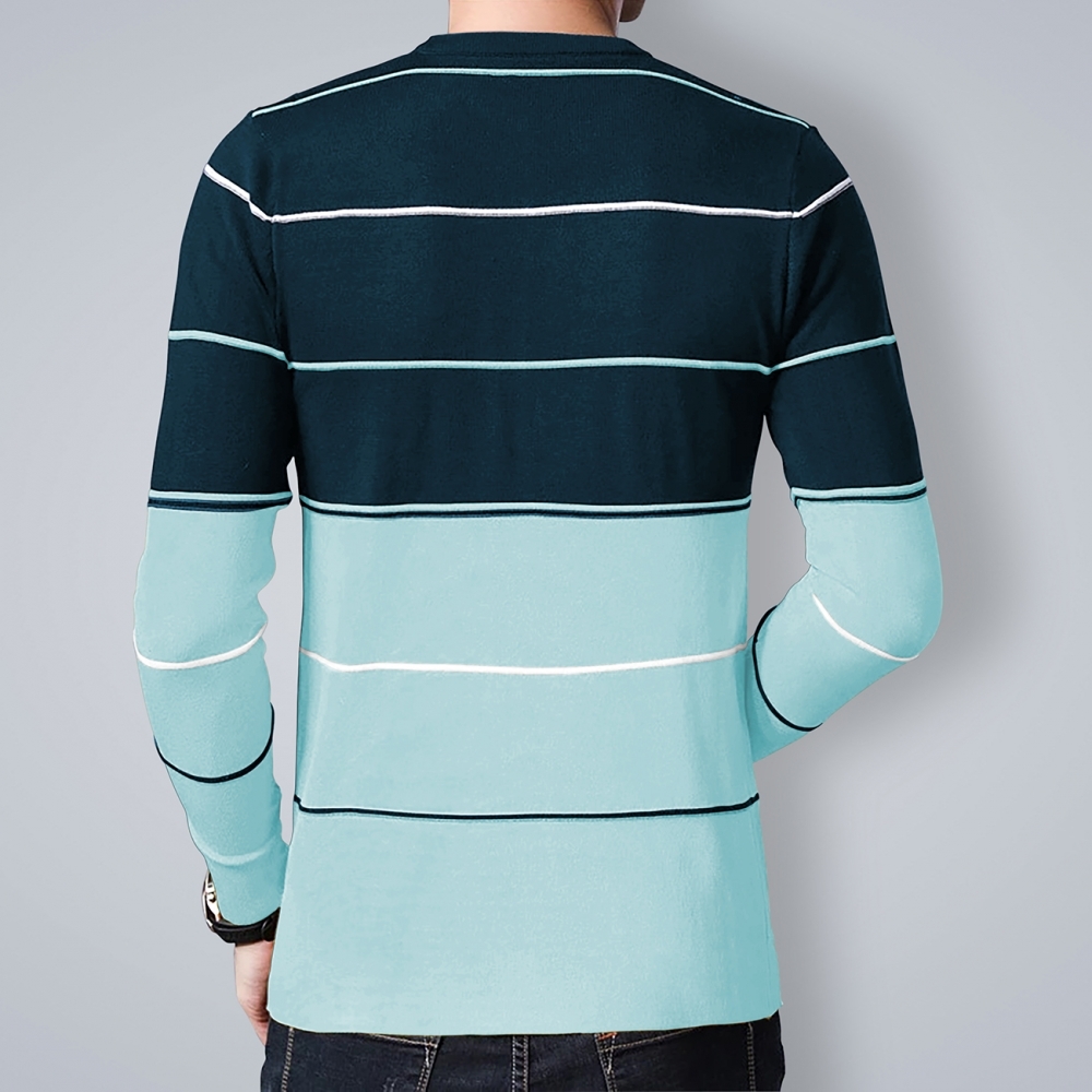 Men Round Neck Striped Sky Blue T-shirt - Cotton, Sizes S To Xxl, Color: Sky Blue Teal Blue White, Long Sleeves, O-neck, Slim Fit