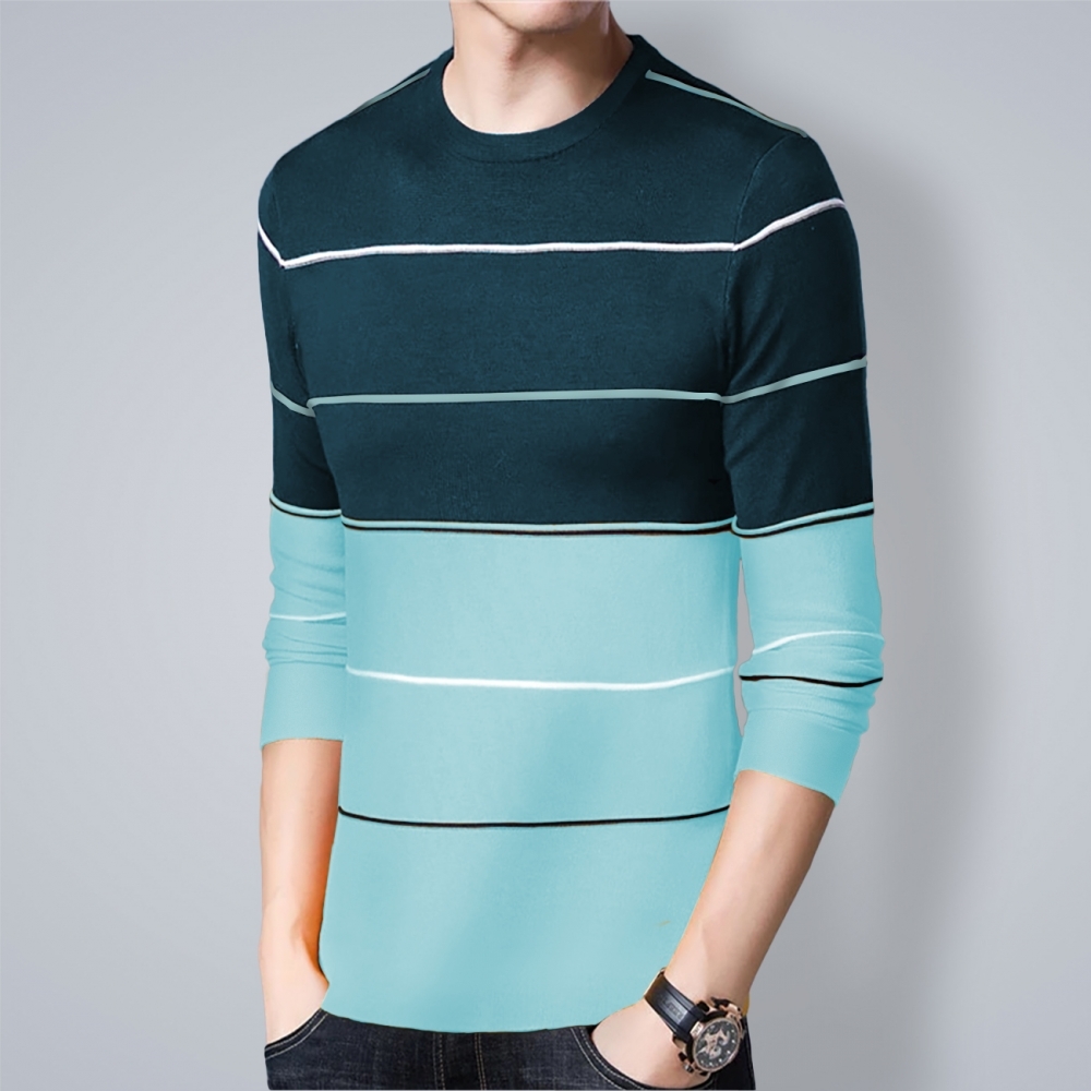 Men Round Neck Striped Sky Blue T-shirt - Cotton, Sizes S To Xxl, Color: Sky Blue Teal Blue White, Long Sleeves, O-neck, Slim Fit