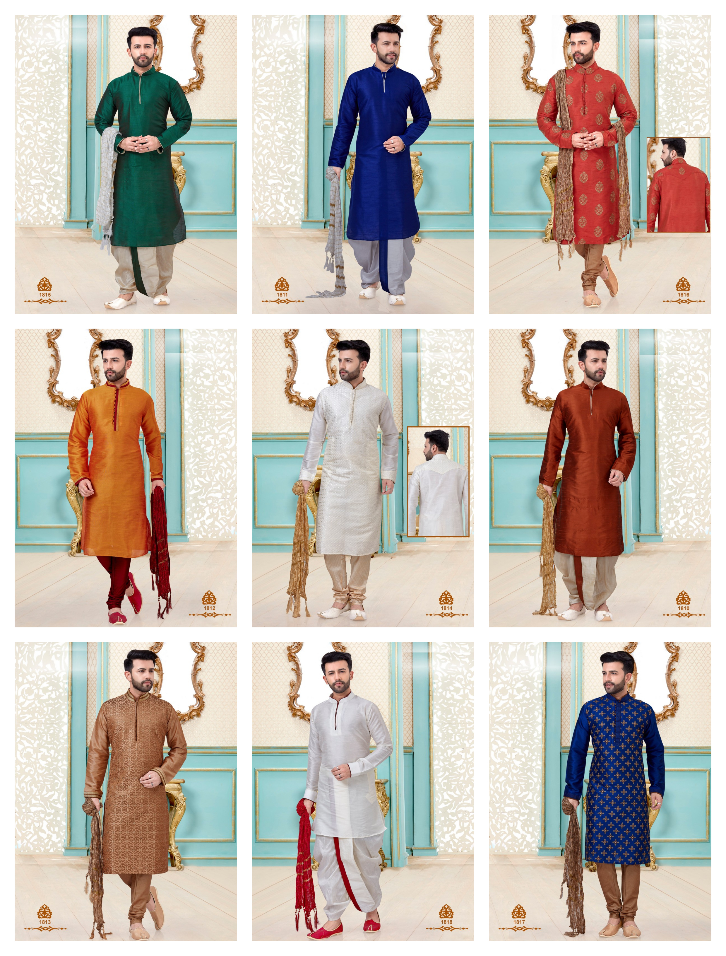 Multi Color Designer Dupion Silk Festive Wear Kurta With Dhoti Mens Wear Catalog Collection