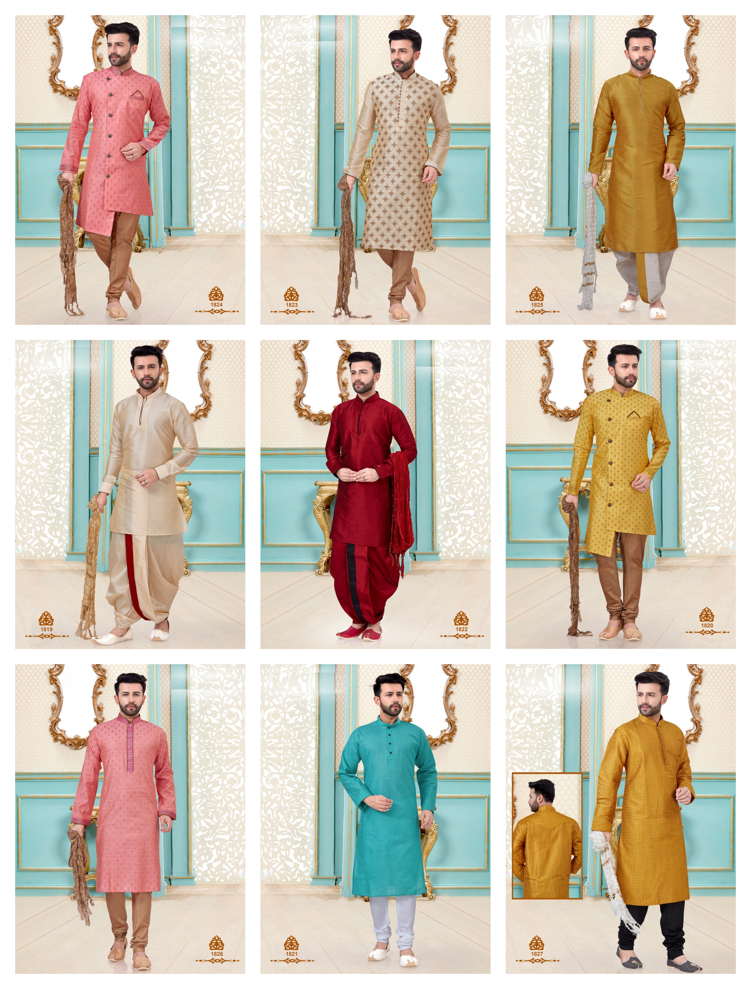 Multi Color Baanarasi Silk Designer Mens Kurta With Dhoti Style Mens Wear Catalog Collection