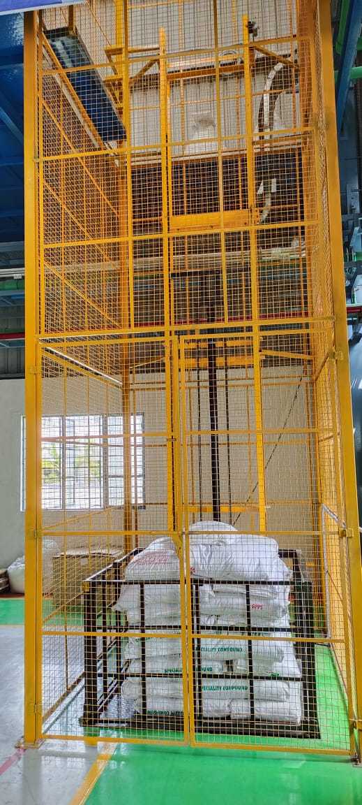 Hydraulic Goods Lift - 5 Tonne Capacity, Customized Size , Yellow With Block Finish - New With 1 Year Warranty And 3 Or 5 Hp Power Options