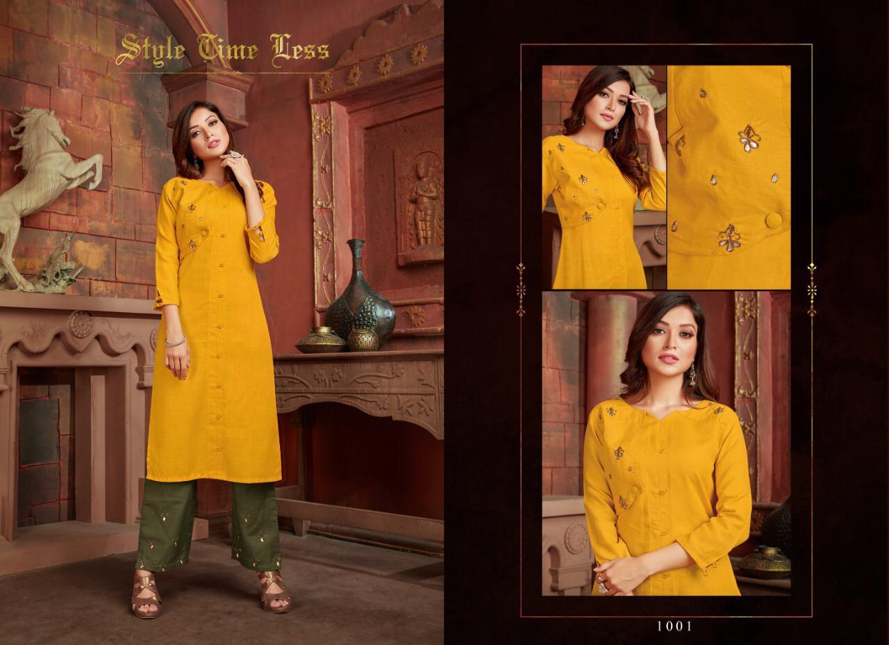 Amaya Vol 2 - Designer Om Slub Handwork Kurtis With Pant, 3-4th Sleeve, Quick Dry, Washable, Customized Logo