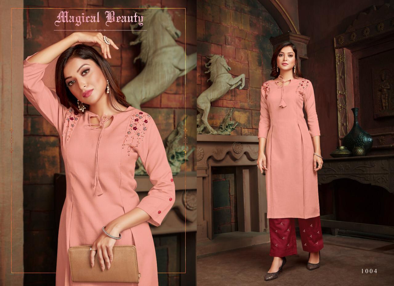 Amaya Vol 2 - Designer Om Slub Handwork Kurtis With Pant, 3-4th Sleeve, Quick Dry, Washable, Customized Logo