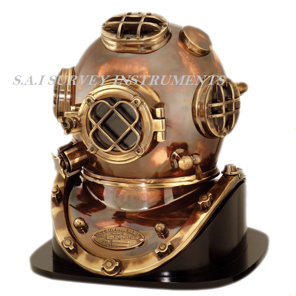 Antique Diving Helmet Mark V With Wooden Base Collectible Marine Divers Helmet Length: 15 Inch (In)