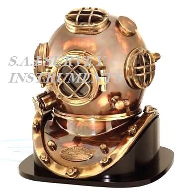 Antique Diving Helmet Mark V With Wooden Base Collectible Marine Divers Helmet Length: 15 Inch (In)