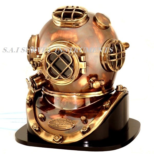 Antique Diving Helmet Mark V With Wooden Base Collectible Marine Divers Helmet Length: 15 Inch (In)