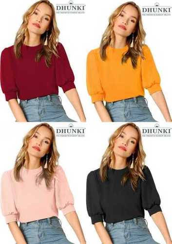 Dhunki Designer Ladies Tops - Ajanta Fabric (95% Polyester, 5% Spandex), Size: M(36), XL(40), Length: 24-25 Inch, Half Sleeves, Full Stitched, 4 Pcs/Catalogue