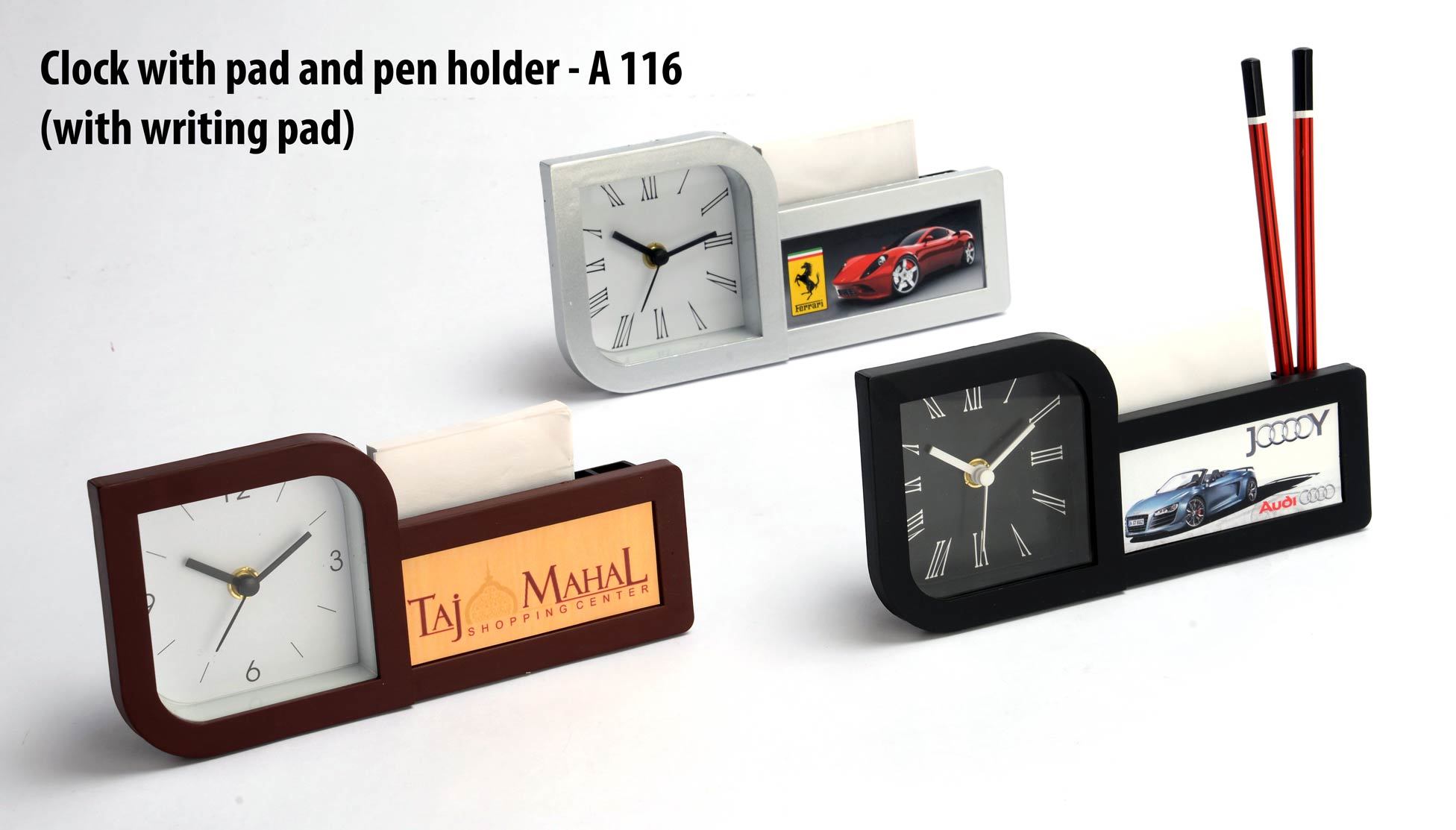 Table Clock With Pen Holder - Plastic Material, Square Shape, Black Color | Gifting Solution With Pen & Mobile Stand, Personalization On Three Sides
