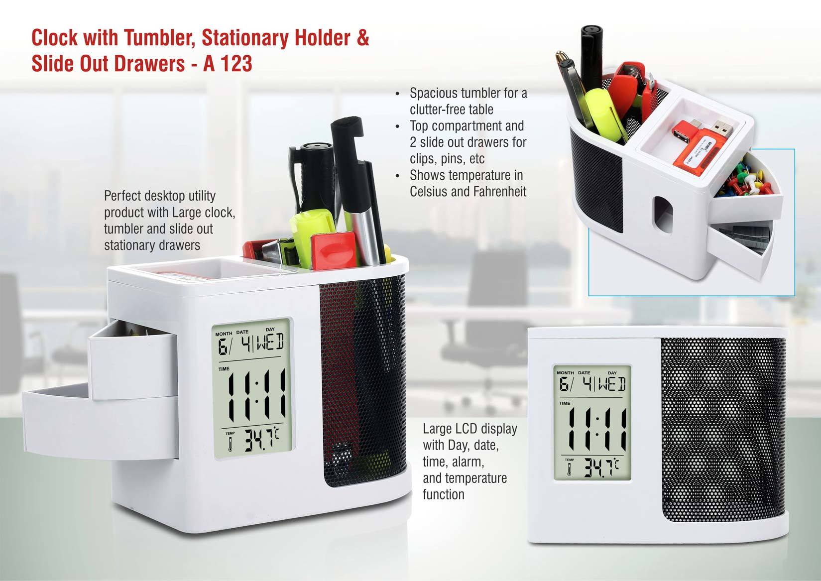 Table Clock With Pen Holder - Plastic Material, Square Shape, Black Color | Gifting Solution With Pen & Mobile Stand, Personalization On Three Sides