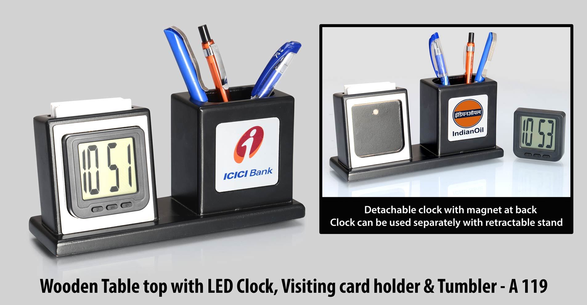 Table Clock With Pen Holder - Plastic Material, Square Shape, Black Color | Gifting Solution With Pen & Mobile Stand, Personalization On Three Sides