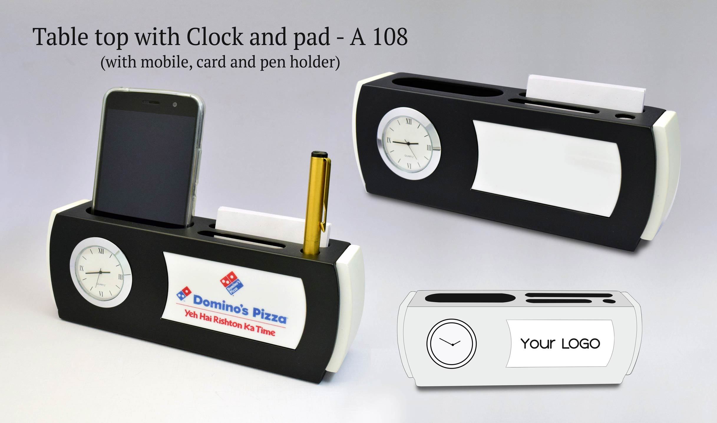 Table Clock With Pen Holder - Plastic Material, Square Shape, Black Color | Gifting Solution With Pen & Mobile Stand, Personalization On Three Sides