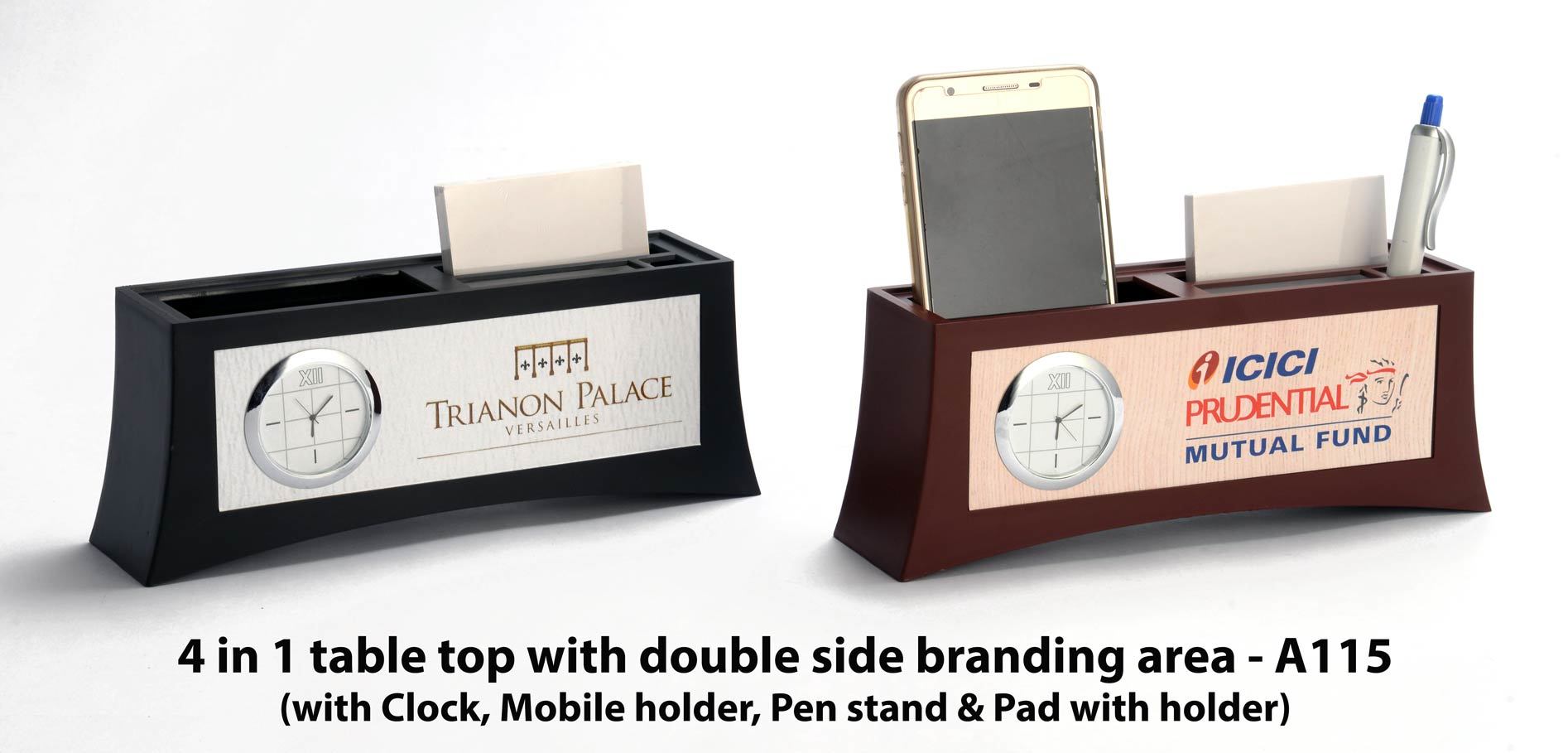Table Clock With Pen Holder - Plastic Material, Square Shape, Black Color | Gifting Solution With Pen & Mobile Stand, Personalization On Three Sides