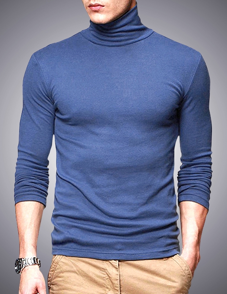 Men High Neck Solid Blue T-shirt - Cotton, Sizes [S, M, L, Xl, Xxl], Light Airforce Blue, Long Sleeves, Turtleneck Style, Plain Pattern