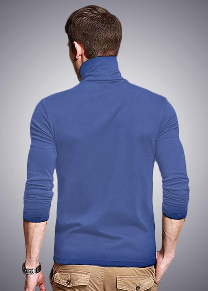Men High Neck Solid Blue T-shirt - Cotton, Sizes [S, M, L, Xl, Xxl], Light Airforce Blue, Long Sleeves, Turtleneck Style, Plain Pattern