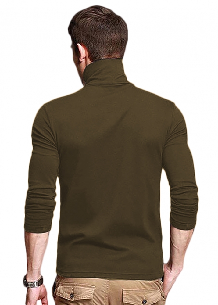 Men High Neck Solid Olive T-shirt - Cotton, Sizes S-xxl, Olive Melange Color, Long Sleeve, Turtleneck Style | Slim Fit Design For A Modern Fashion Statement