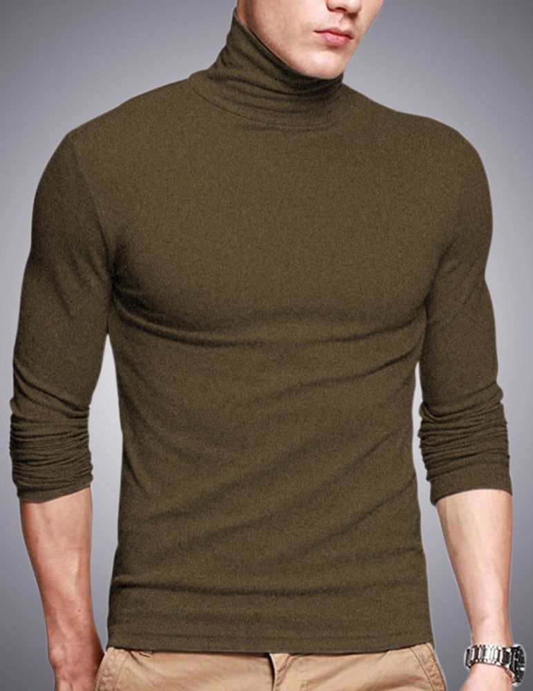 Men High Neck Solid Olive T-shirt - Cotton, Sizes S-xxl, Olive Melange Color, Long Sleeve, Turtleneck Style | Slim Fit Design For A Modern Fashion Statement