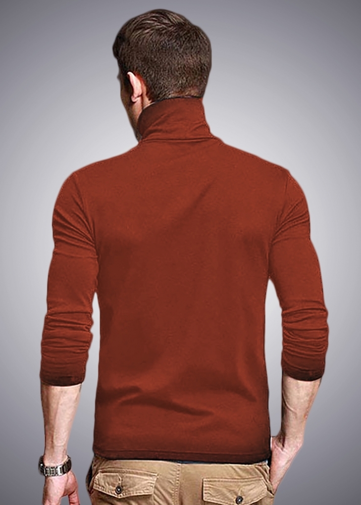 Men High Neck Solid Rust T-shirt - Cotton, Slim Fit, Long Sleeves, Turtleneck, Sizes S, M, L, Xl, Xxl | Asian Size Fit, Plain Pattern