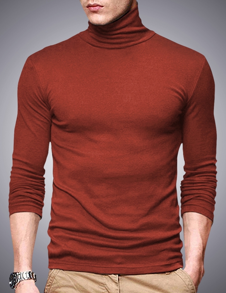 Men High Neck Solid Rust T-shirt - Cotton, Slim Fit, Long Sleeves, Turtleneck, Sizes S, M, L, Xl, Xxl | Asian Size Fit, Plain Pattern