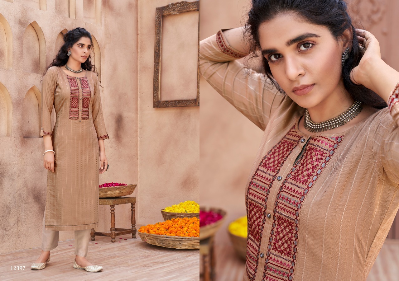 Multi Color Kalaroop Pili Vol 2 Linen With Work Fancy Kurti Catalog
