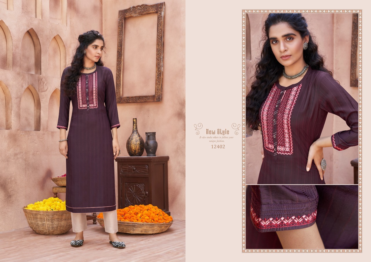 Multi Color Kalaroop Pili Vol 2 Linen With Work Fancy Kurti Catalog