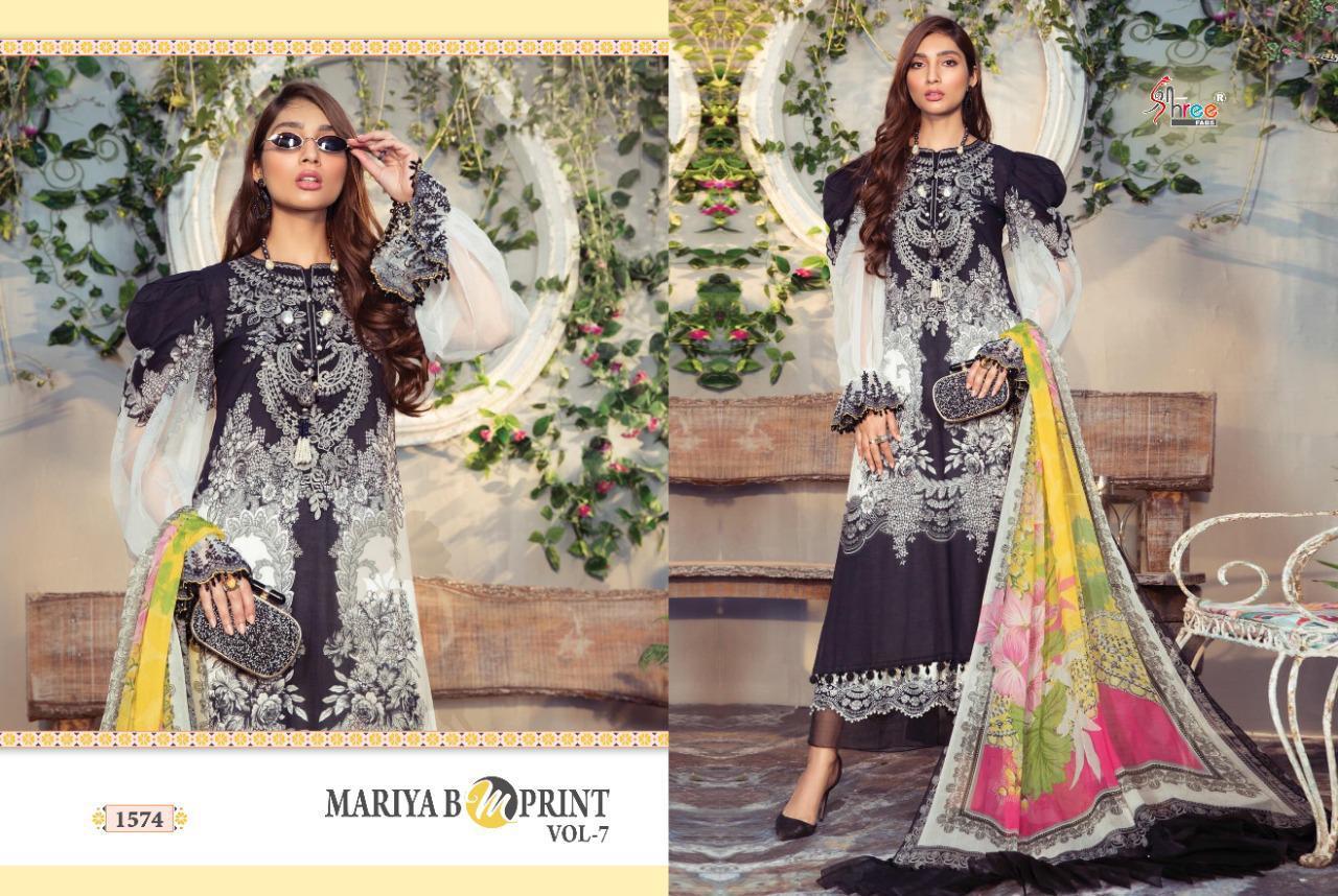 Multi Color Shree Fabs Mariya B M Print Vol 7 Cambric Lawn Print With Work Pakistani Suit Catalog