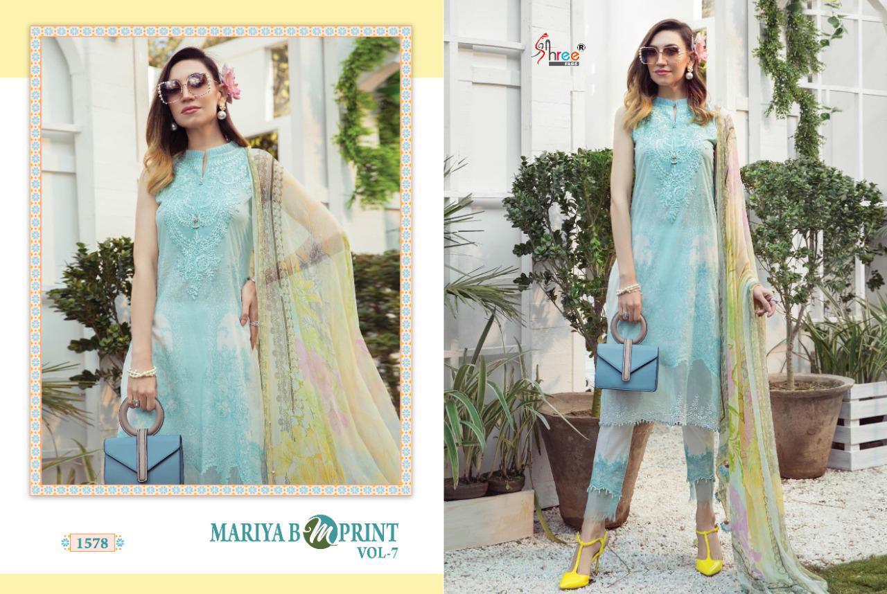 Multi Color Shree Fabs Mariya B M Print Vol 7 Cambric Lawn Print With Work Pakistani Suit Catalog