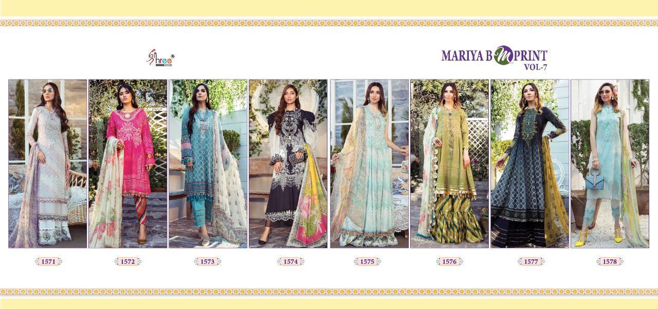 Multi Color Shree Fabs Mariya B M Print Vol 7 Cambric Lawn Print With Work Pakistani Suit Catalog