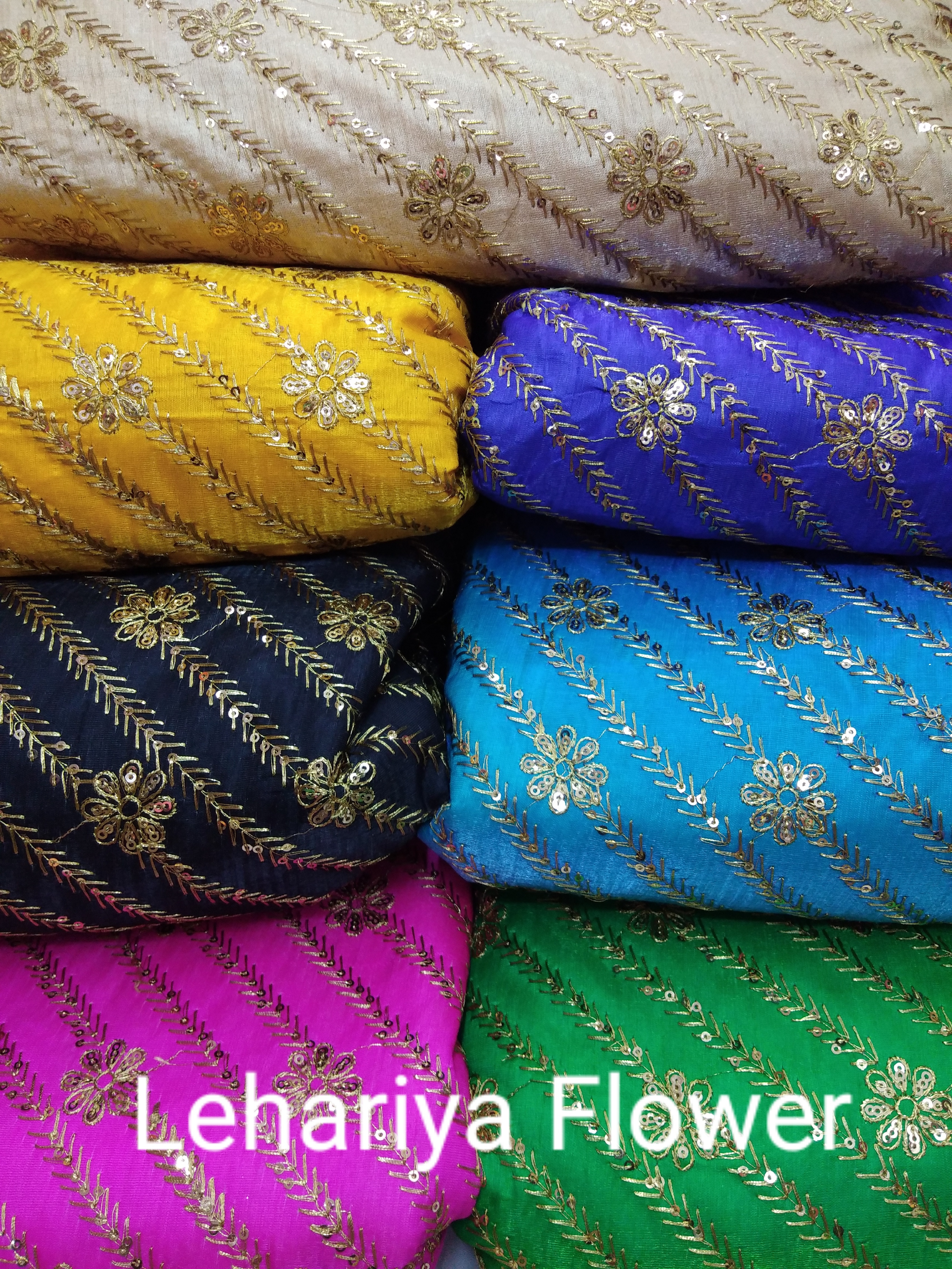 Lehariya Flower Multi Embroidery Fabric - 44" Width, 100 Cm Length, Available In Light & Dark Colors, Embroidered Texture For Multipurpose Use