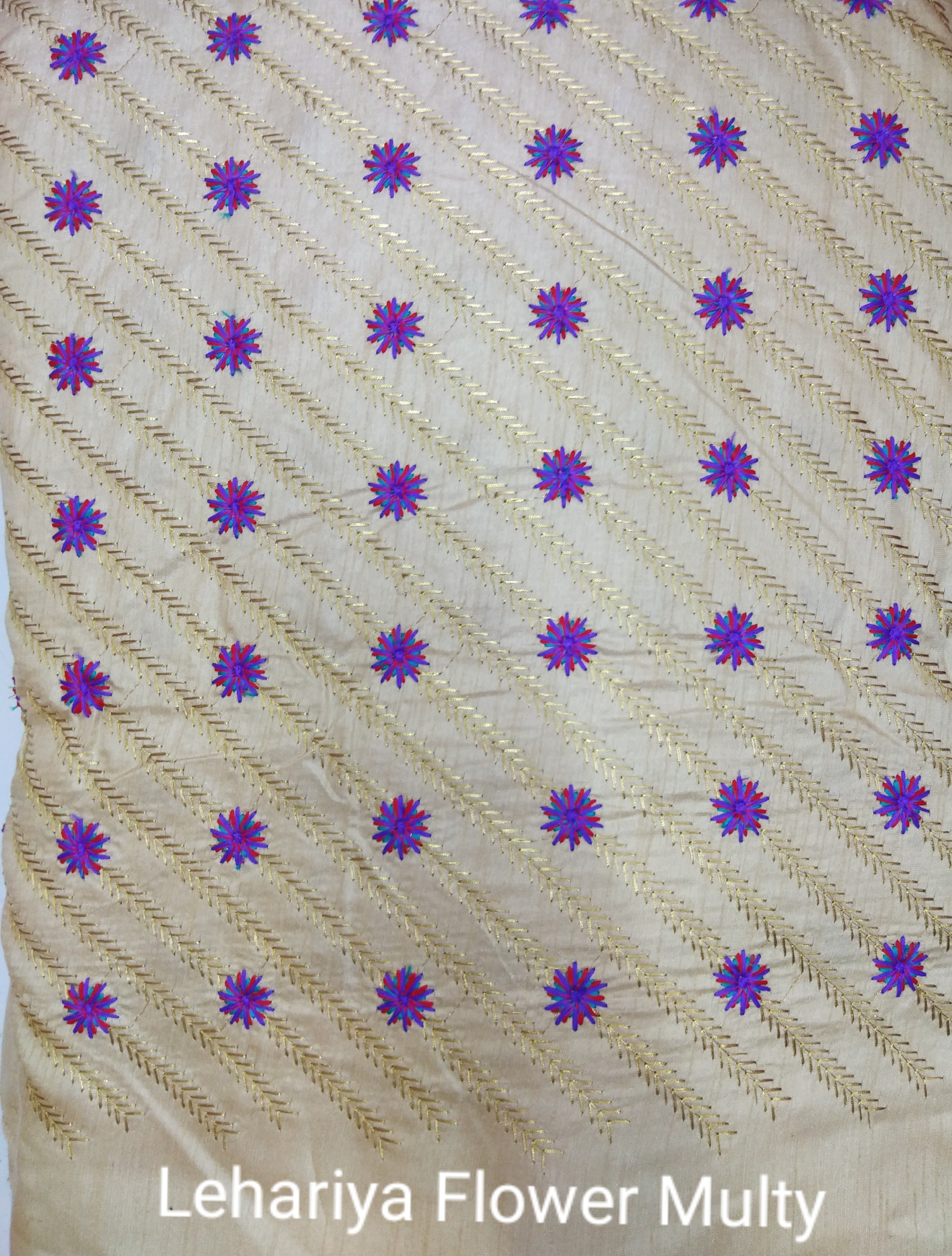 Lehariya Flower Multi Embroidery Fabric - 44" Width, 100 Cm Length, Available In Light & Dark Colors, Embroidered Texture For Multipurpose Use