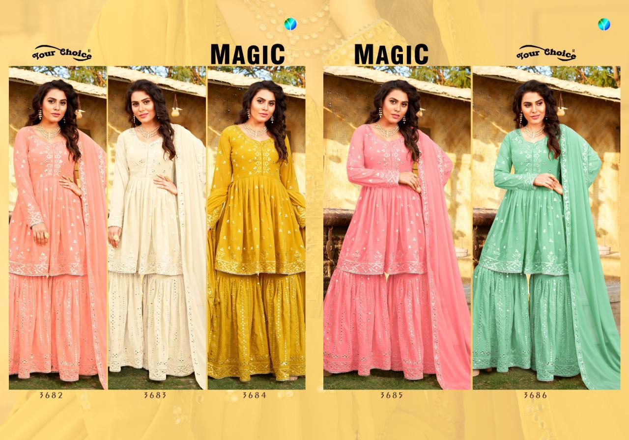 Multi Color Your Choice Magic Georgette Sharara Style Salwar Suit Catalog