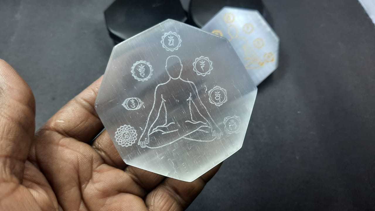 Selenite Charging Disc With Buddha Seven Chakra Sanskrit Engraved