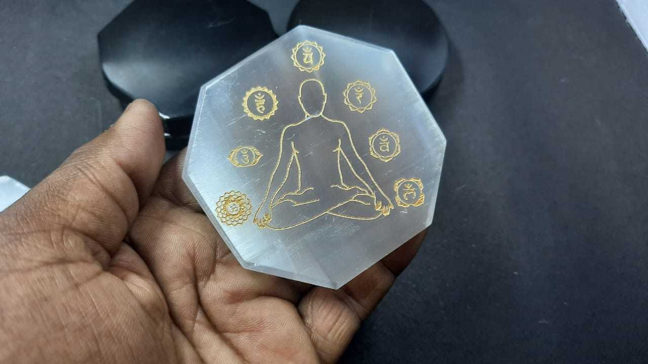 Selenite Charging Disc With Buddha Seven Chakra Sanskrit Engraved