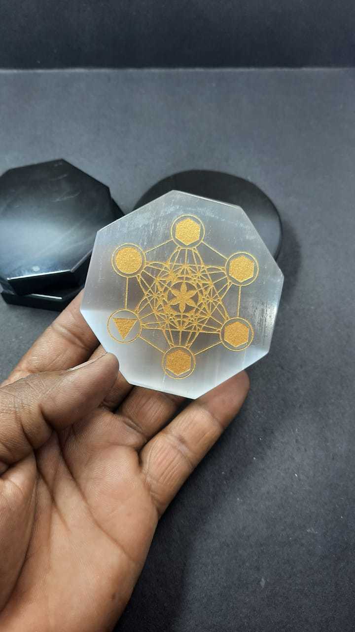 Selenite Disc With Metatron Chakra Platonic Engraving