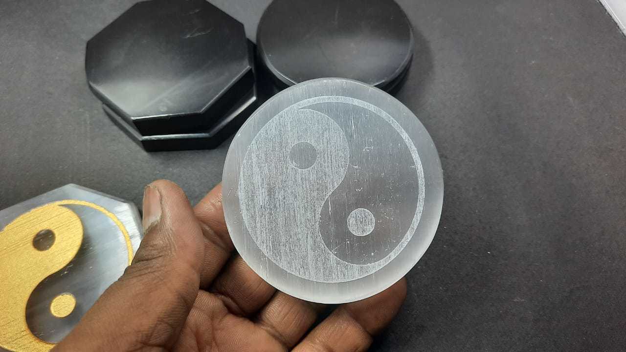 Selenite Disc With Ying Yang Engraved