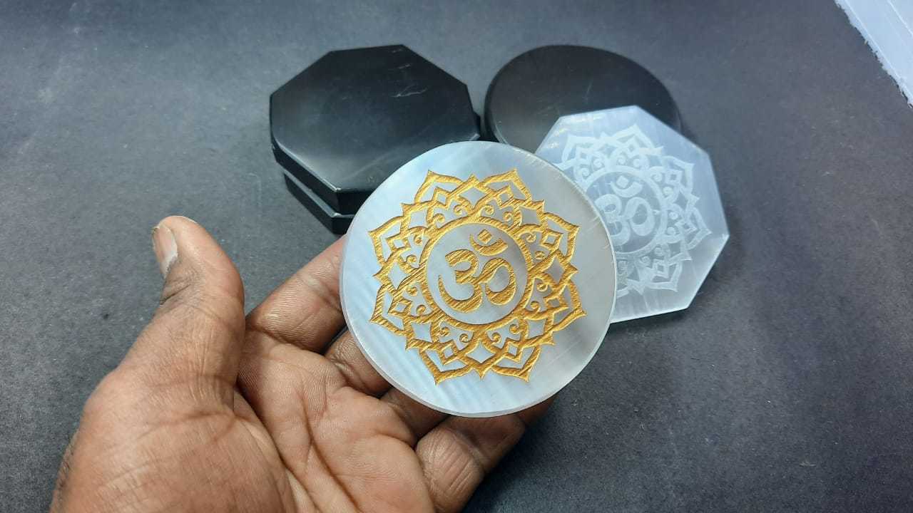 Selenite Om In Lotus Gold Engraved