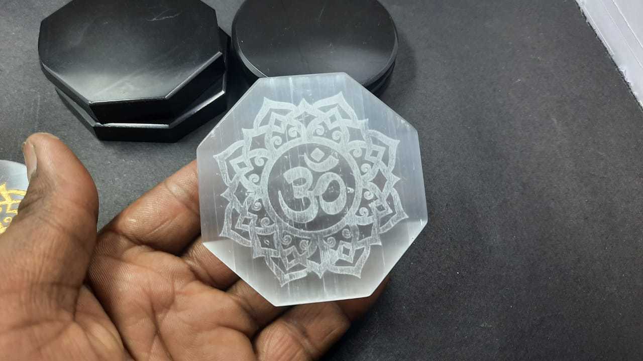 Selenite Om In Lotus Gold Engraved