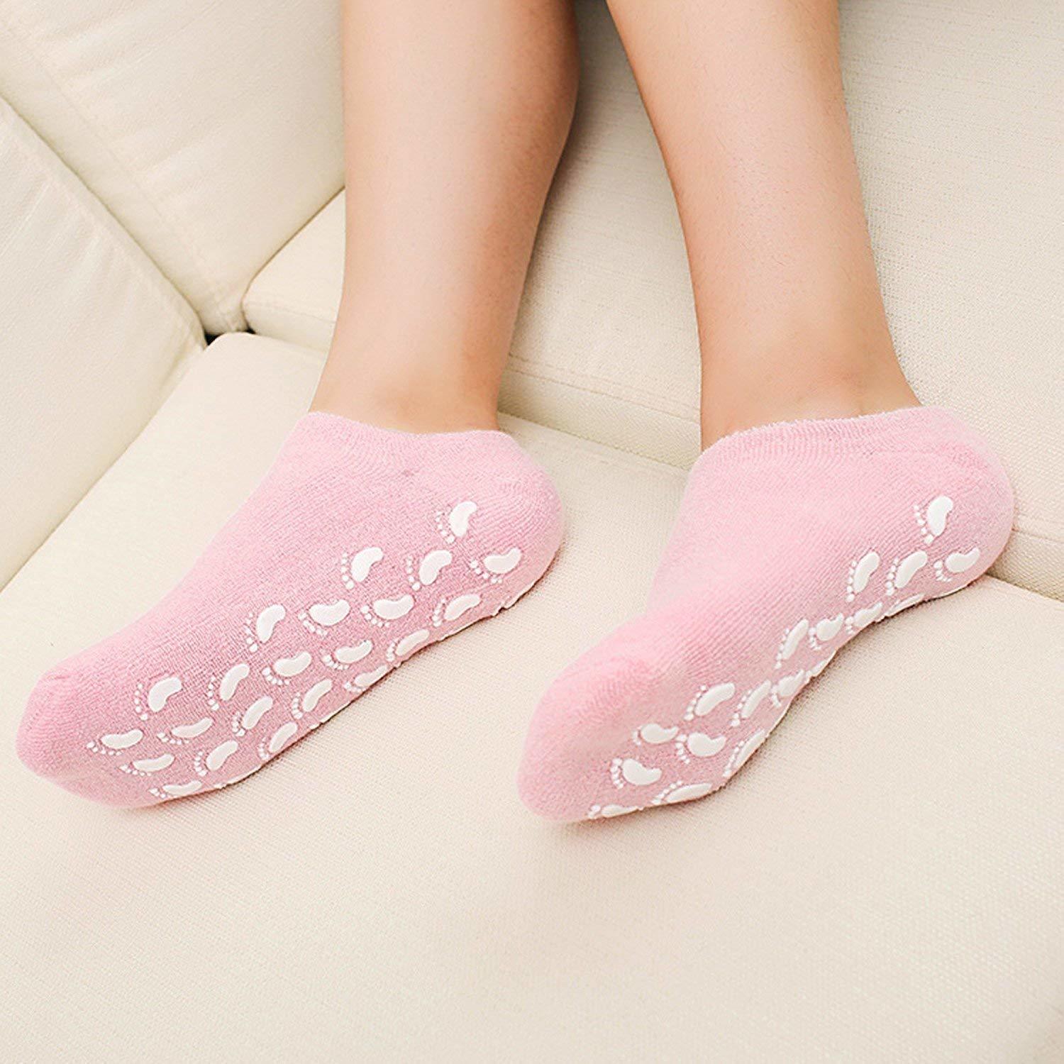 Spa Gel Socks - Cotton, Women's Size, Pink/blue | Moisturizing Gel With Jojoba, Grape Seed, Olive Oils For Intensive Foot Hydration, Washable & Reusable