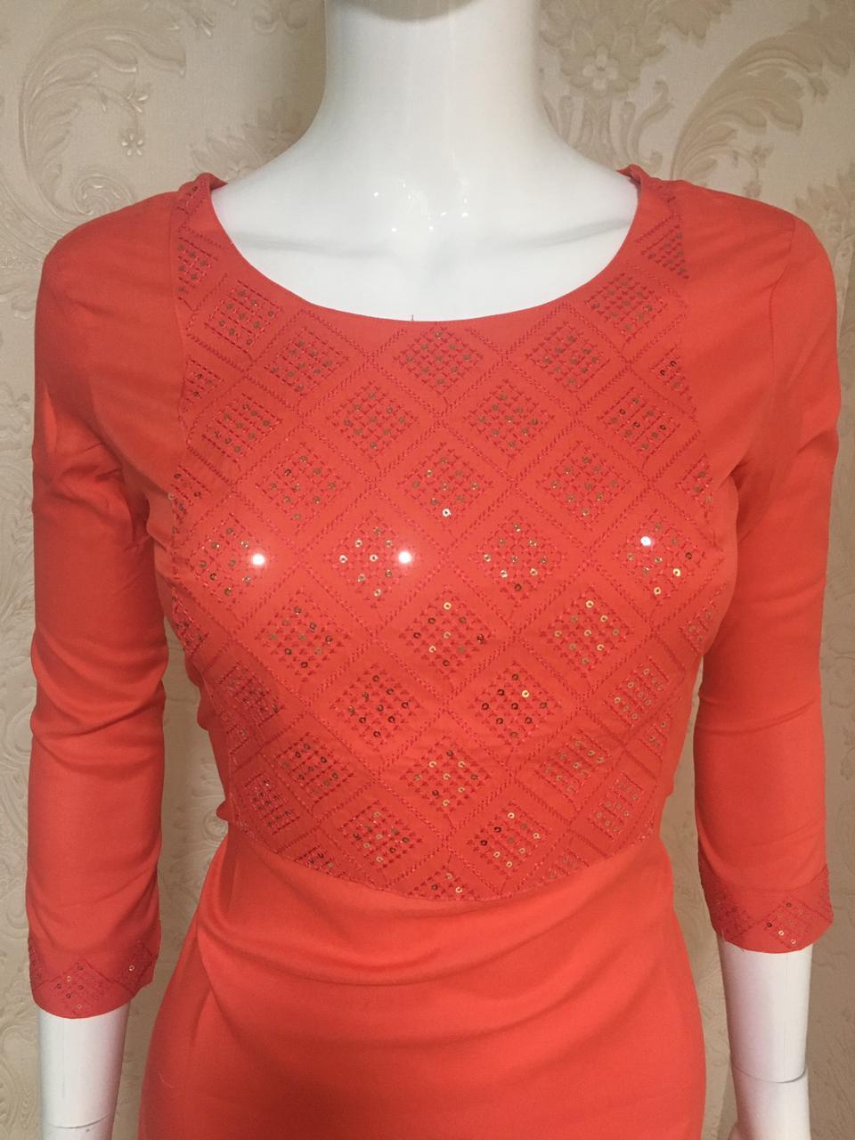 Rayon Kurtis With Sequence Work - Rayon Fabric, 45 Inch Length, Round Neckline , Sizes S To 3xl, Embroidered Pattern, Ideal For All Seasons