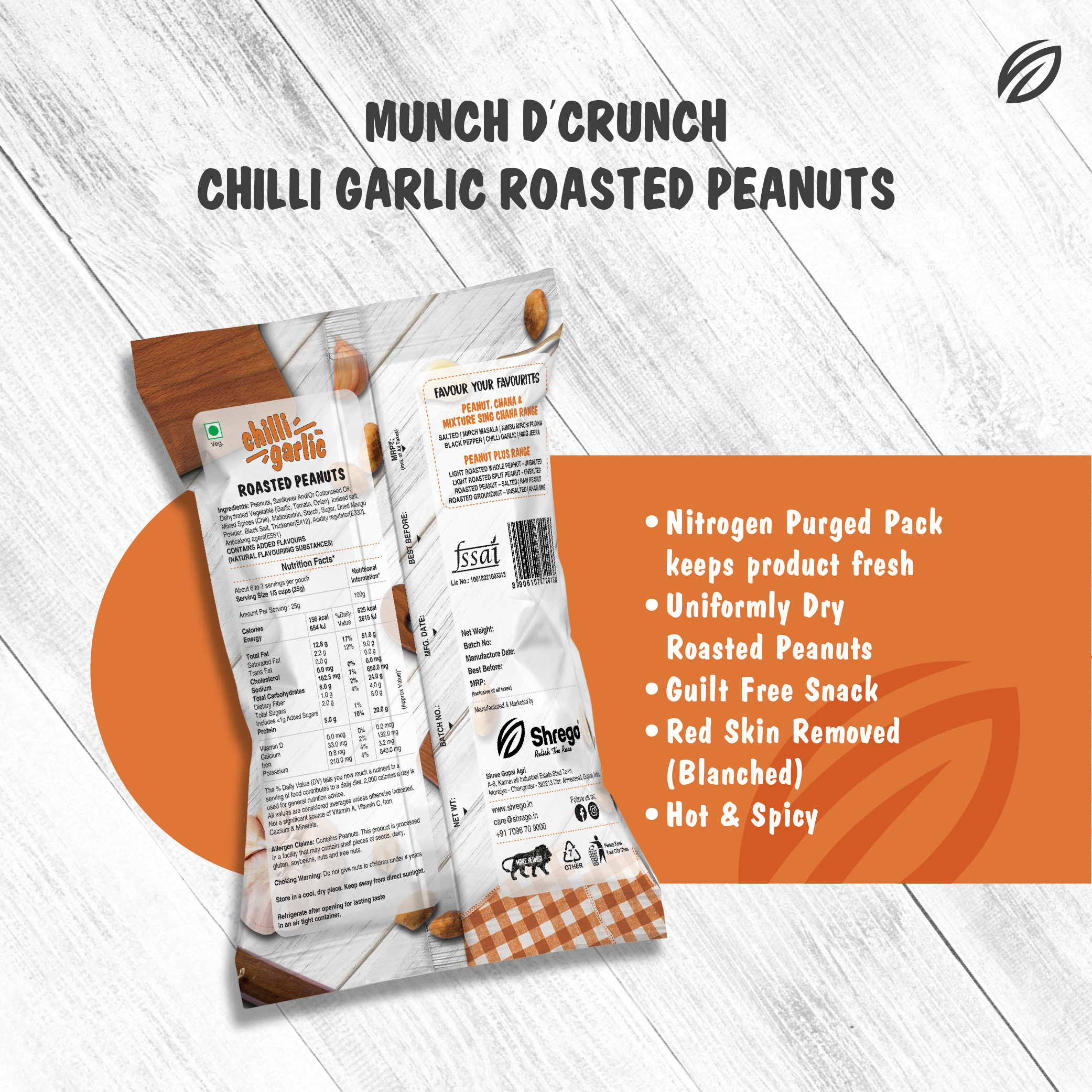Shrego Chilli Garlic Roasted Peanuts 140g - Roasted Peanuts, 140g Size, Chilli Garlic Flavor | Fssai Certified, No Artificial Flavors Or Colors
