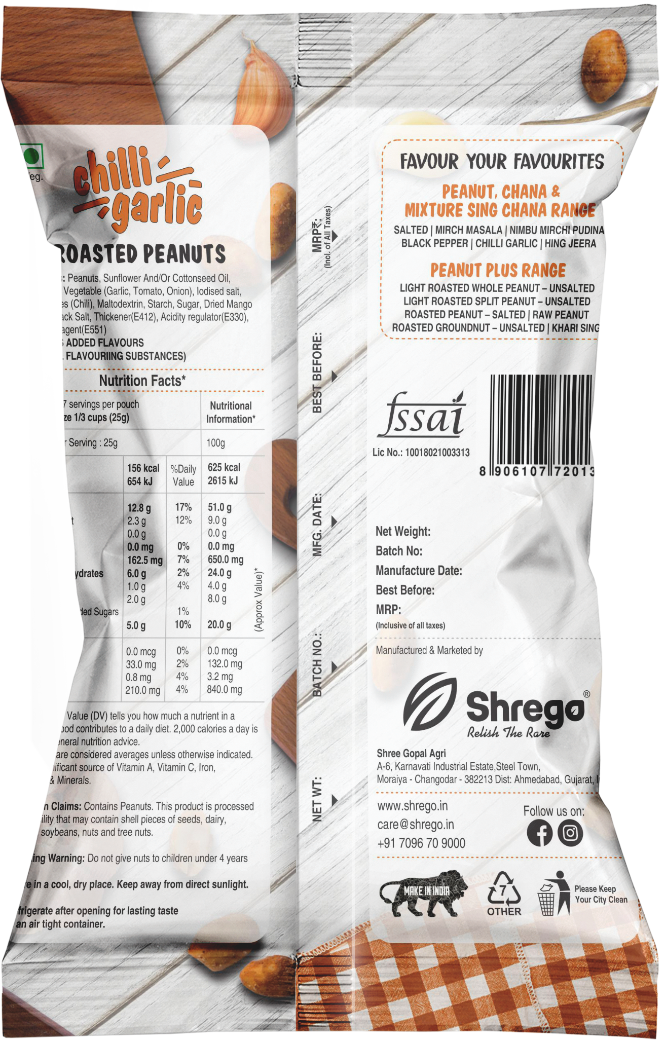 Shrego Chilli Garlic Roasted Peanuts 140g - Roasted Peanuts, 140g Size, Chilli Garlic Flavor | Fssai Certified, No Artificial Flavors Or Colors