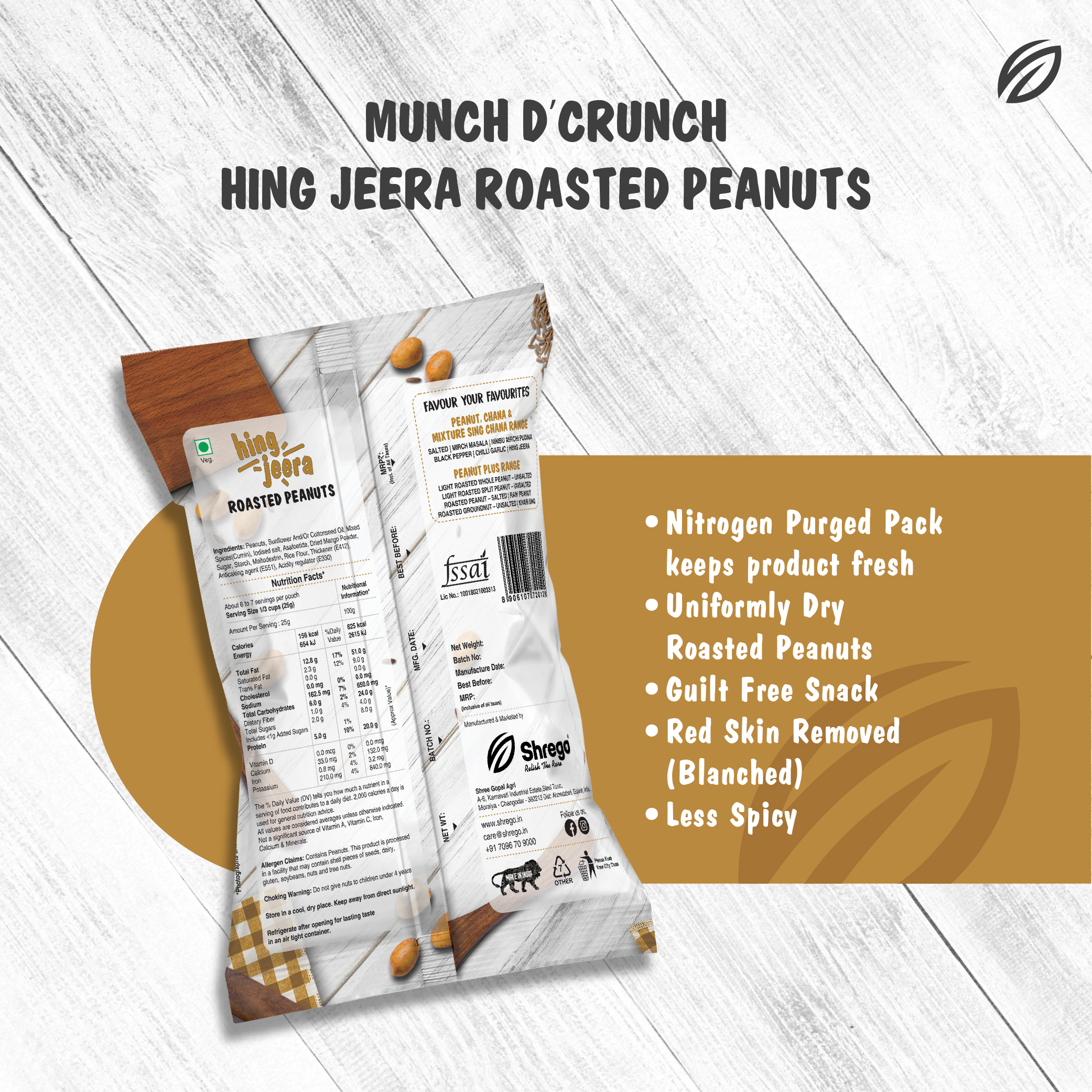 Shrego Hing Jeera Roasted Peanuts 140g - Fssai Certified | Roasted Peanuts Flavored With Asafoetida & Cumin Nitrogen Purged Pillow Pouch