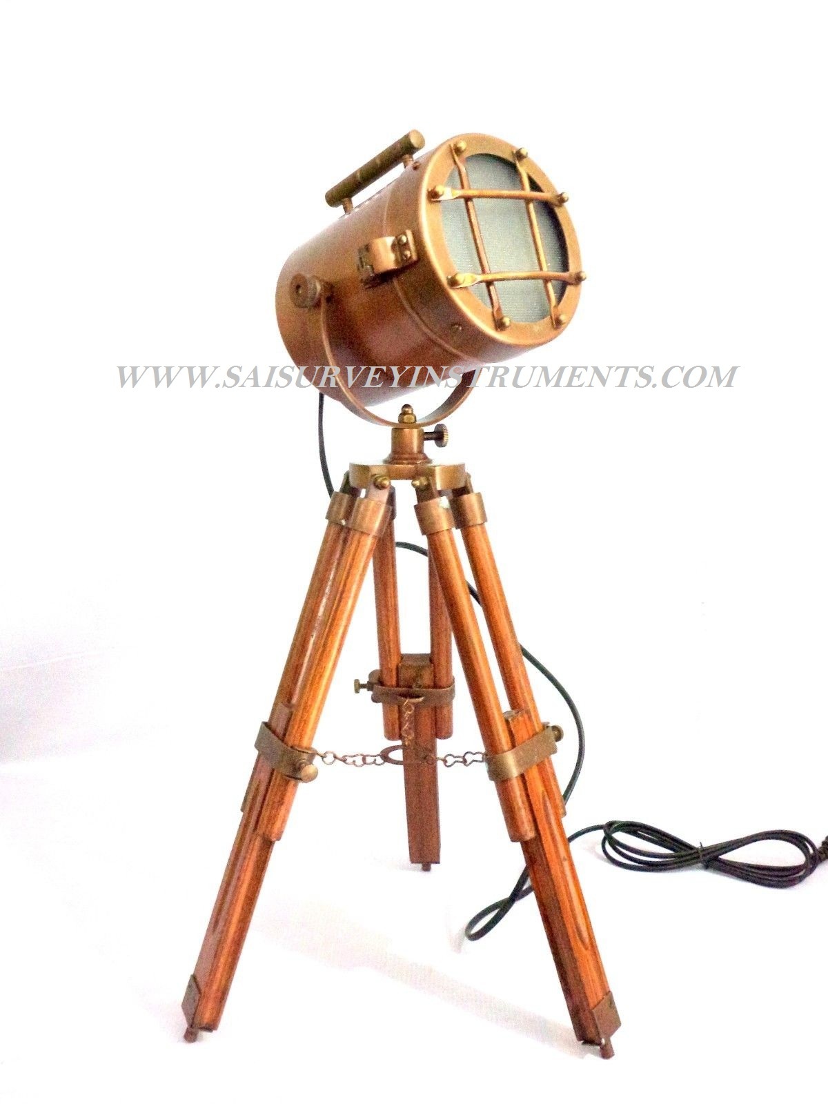 Antique Copper Searchlight Floor Lamp - Aluminum, Wooden Tripod Stand | Handmade Nautical Decor, Adjustable Height, Vintage Design, Perfect For Home Or Event Use