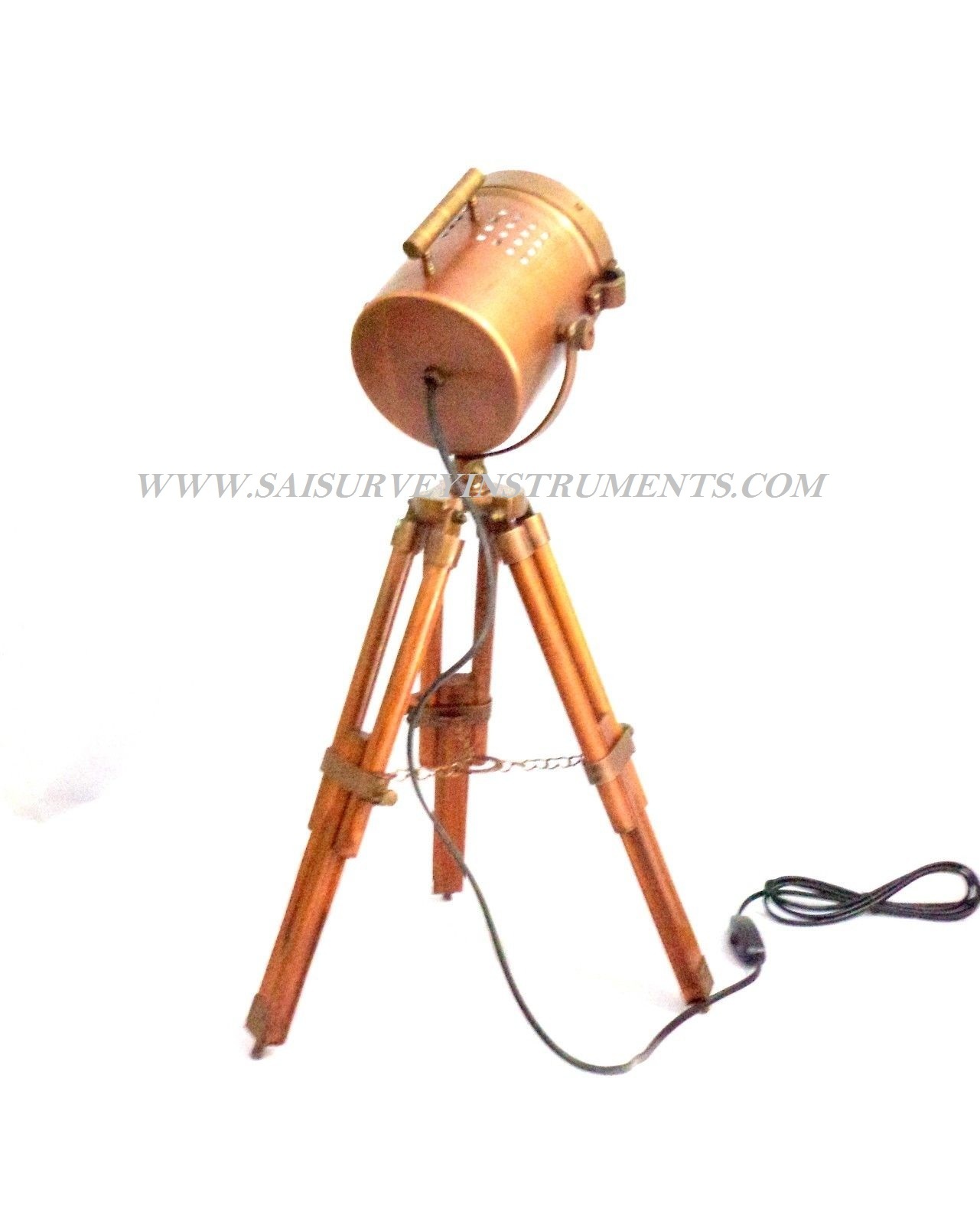 Antique Copper Searchlight Floor Lamp - Aluminum, Wooden Tripod Stand | Handmade Nautical Decor, Adjustable Height, Vintage Design, Perfect For Home Or Event Use